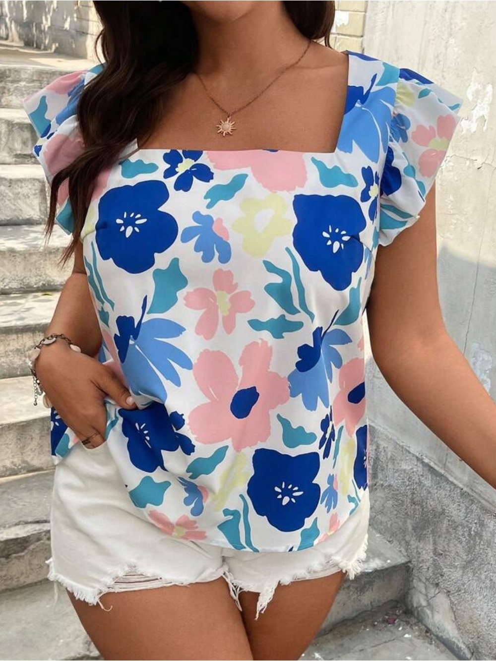 SHEIN White Square-Neck Flutter Sleeve Floral Top - Blue & Pink